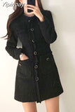 Yipinpay Button Mini Dress Long Sleeve a Line Jurk White Vintage Elegant Winter Black Office Korean Chic Fall 2023 Robe Femme