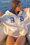 Yipinpay Zip Up Hoodies Women Grunge Goth Letter Print Oversized Jackets Autumn Winter Harajuku Hip Hop Streetwear Hooded Sweatshirts