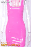 Yipinpay PU Patent Leather Sheath Tank Dress PVC Latex Nightclub Dresses Bodycon Package Hip Summer Women Short Mini Low Cut Slim
