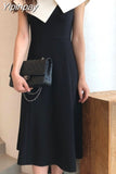 Yipinpay Collar Patchwork A A Line Dress Midi Black Vestidos Verano 2023 Elegant Office Jurk Korean Style Women Retro Robe De Soiree