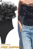 Yipinpay Ruffle Black Bodysuit For Woman Off Shoulder Sexy Lingerie Women Body Organza Sleeveless Bodysuit Y2k Women's Summer Tops