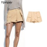 Yipinpay 2023 Women Summer Solid Shorts New Fashion Vintage Causal Zipper Fly Short Pant Pockets Elegant A-Line Mini Shorts