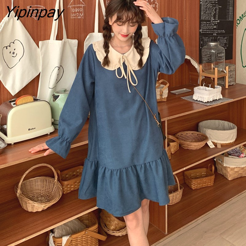 Yipinpay Spring Autumn Women dress Girl Loose Oversize Cute Corduroy dresses party dress female bing 2023 NEW French style