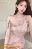 Yipinpay Hip Mini Rhinestone Pink Tweed Plaid Dress Women Korean Chic Vintage Dress Vestidos Mujer Slim One Shoulder