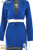 Yipinpay Fall 2023 Two Piece Cropped Blazer Skirt Set 2 Piece Sets Womens Outfit Skirt Femme Button Notched Lace Up Matching Set