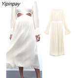 Yipinpay Elegant Women Solid Hollow Out Dress 2023 Summer Fashion Flare Sleeve Mid-Calf Dresses Casual Beach Style A-line Vestidos