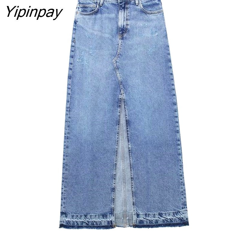 Yipinpay Women Spring Autumn Denim Skirt 2023 New Fashion Designer Mid-Calf Skirt High Street Party Zipper Casual Dresses