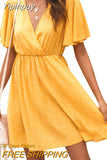 Yipinpay Boho Short Dresses for Women 2023 Short Sleeve Dot V-neck High Waist A-line Chiffon Evening Party Dress Streetwear