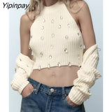 Yipinpay Fashion Women Knitted Sweater 2023 Autumn Winter Harajuku Halter Tank V-neck Lace Cardigan Long Sleeve Sweet Tops