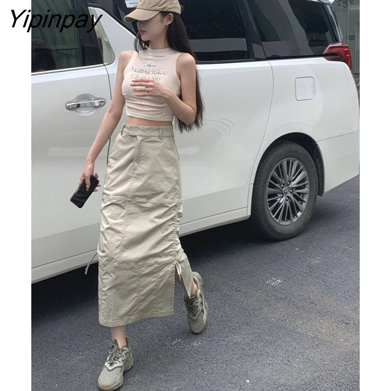 Yipinpay Casual Splitr Cargo Women Skirts Streetwear Solid Vintage High Waist Midi Skirt