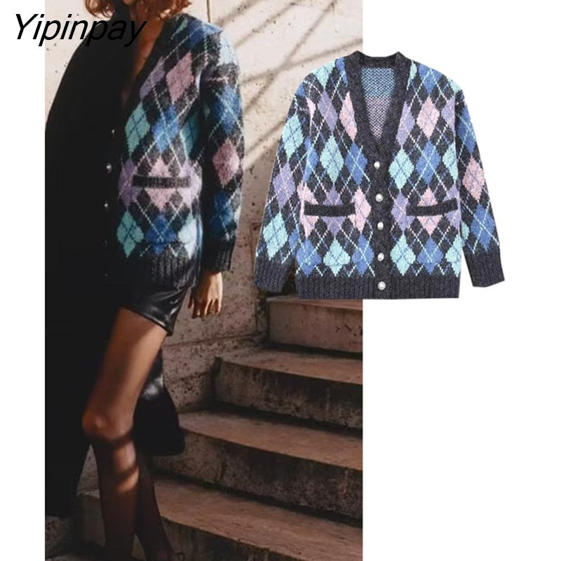Yipinpay Women Winter Thicken Argyle Knitted Sweater Coats 2023 Fashion Jewelry Buttons Cardigan Tops Female Long Sleeve Chic Top