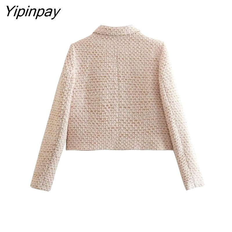 Yipinpay Women Plaid Blazer Coat 2023 Autumn Fashion Office Outfits Long Sleeve Flap Pockets Female Chic Street Outerwear