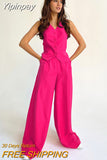Yipinpay Pink Elegant Blazer 2 Pieces Sets High Waist Wide Leg Pants Suits Button Vest Outfit Office Ladies Women Summer 2023