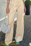 Yipinpay Elegant Khaki Wide Legs Pants Women Pleated All-Match High Waist Baggy Trousers Gray Office Ladies Long Pants 2023