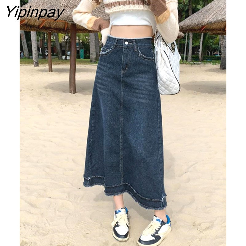 Yipinpay A Line Vintage Jean Skirts For Ladies High Waist Casual Summer Long Skirt Woman