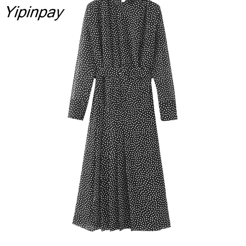 Yipinpay Elegant 2023 Women Dot Dresses With Belt Autumn Fashion Ladies Party Mid-Calf Dresses Fashion Long Sleeve A-line Vestidos
