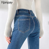 Yipinpay Thicken Velvet Warm Denim Flare Pants Stretch High Waist Casual Winter Plush Bell Bottom Jeans Woman