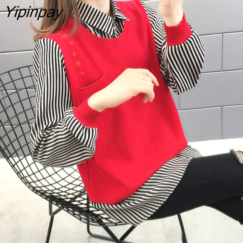 Yipinpay Oversized Crop Top Mujer Long Sleeve Striped Splice Knitted Sweater Casual Pullover Women Harajuk Black Red Yellow