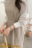 yipinpay Korean Chic Long Sleeve Midi Dresses Women 2023 Spring Autumn Casual Eelgant Office Ladies Dress Sashes Spell Color