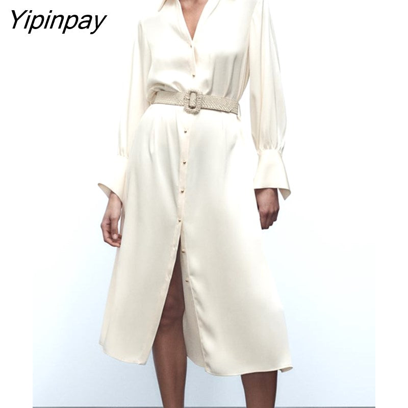 Yipinpay Women Soft Silk Loose Dresses With Belt 2023 Summer Turn Down Collar Long Dresses Sweet Fashion Long Sleeve Vestidos