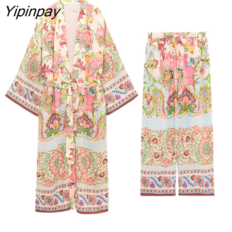 Yipinpay 2pcs Summer Women Plaid Pant Set 2023 X-Long Kimono Style Shirts With Belt+Drawstring Trousers Suit Female Casual Clothes