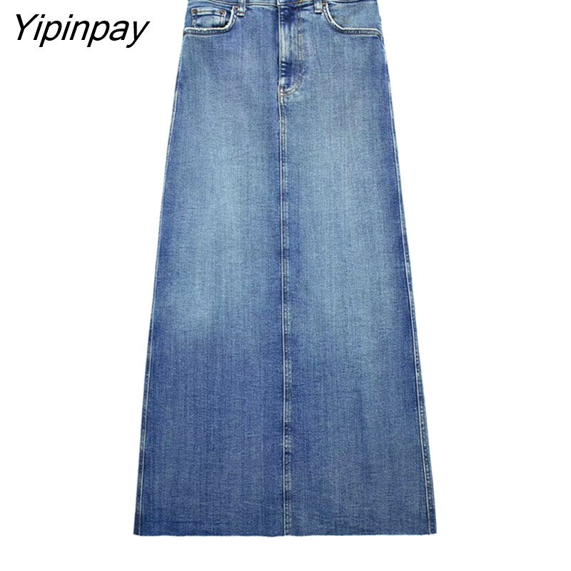 Yipinpay Summer Women's Mid-Calf Denim Skirt 2023 New Vintage High Wasit Zipper Jeans Skirt Female Straight A-line Pencil Skirts
