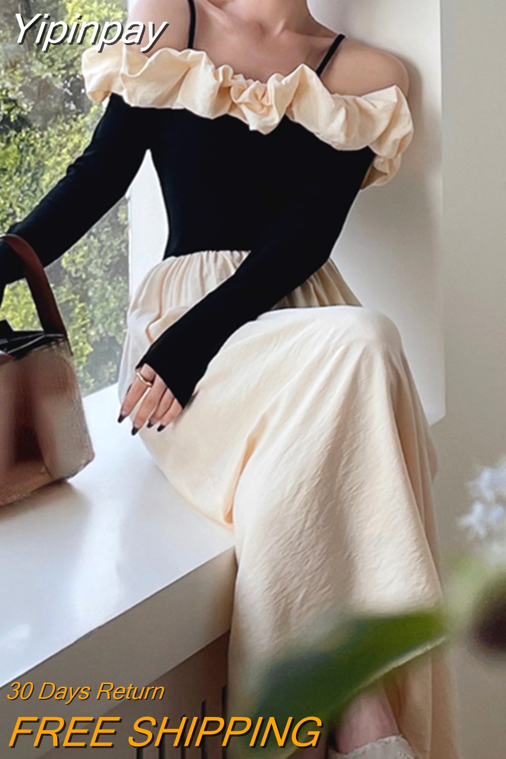 Yipinpay Sleeve Elegant Midi Dress Woman Casual Korean Fashion Evening Party Dress 2023 Autumn Patchwork Design Slim Vintage Dress
