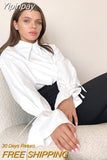 Yipinpay Ladies Office White Blouse Elegant Long Sleeve Lace Up Flare Sleeve Shirts Women Lapel Work Tops 2023 Fashion Korean