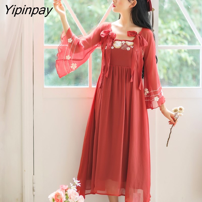 Yipinpay Autumn Women Dress Vintage High waist Chiffon Chinese style Embroidery flare sleeve Retro Sweet Female dresses 2023 HOT