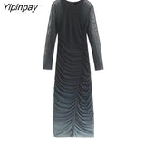 Yipinpay 2023 Spring Summer Folds Tulle Dresses Vintage Elegant Party Sheath Mid-Calf Dress Long Sleeve O-neck Vestidos