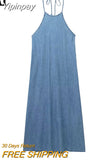 Yipinpay Backless Denim Dress Woman Blue Halter Long Dress Women Off Shoulder Midi Summer Dresses For Women 2023 Holiday Dresses