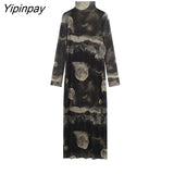 Yipinpay 2023 Ladies Printed Tulle Dresses Vintage Elegant Party Sheath Mid-Calf Dress Long Sleeve Turtleneck Vestidos Spring Autumn