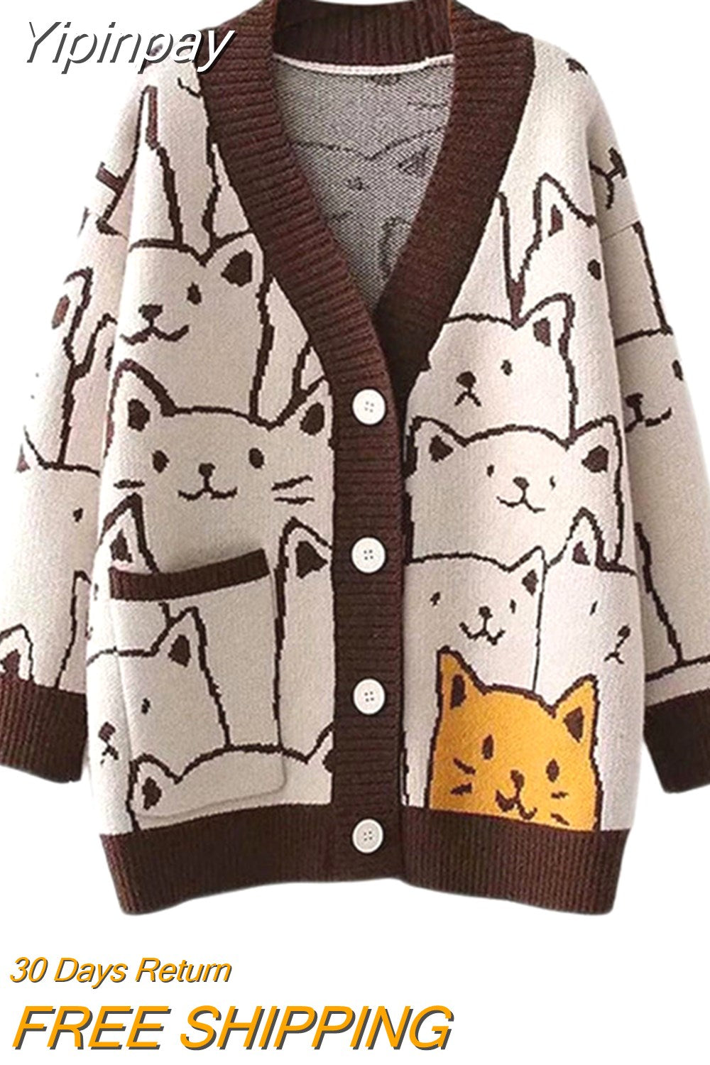 Yipinpay Women Button Down Knit Sweater Fall Long Sleeve V Neck Cartoon Cat Pattern Loose Cardigan Women's Winter Coats 2023