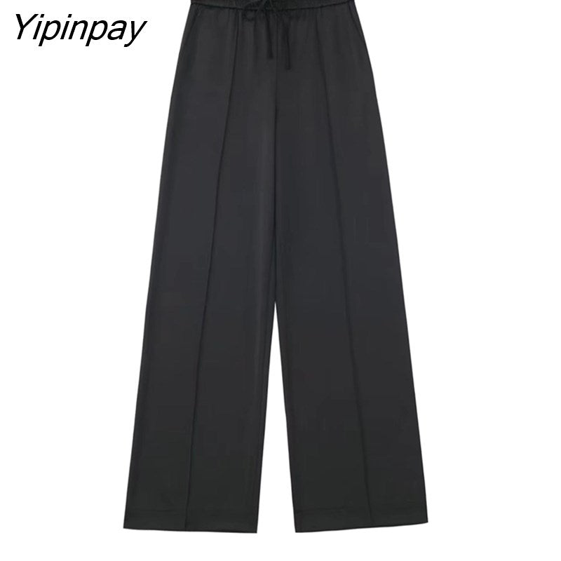 Yipinpay 2023 Spring Autumn Women Black Blouse Suit Oversized Fashion Single Breasted Pocket Top 2 Pcs Wide Leg Pants Street Outwear