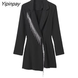 Yipinpay Womens Autumn Suit Style Jumpsuit 2023 New Office Lady Shiny Tassels Outwear Long Sleeve Romper Short Suit