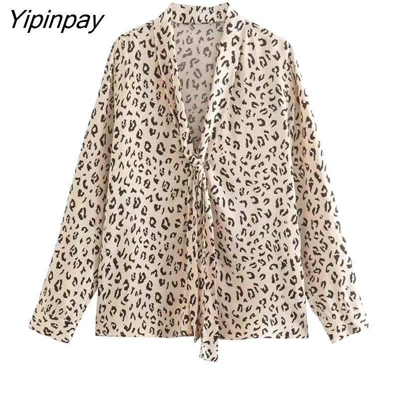Yipinpay 2023 Women Leopard Printed Blouses Spring Autumn Casual Long Sleeved Bow Collar Tops Elegant Single Breasted T-Shirts