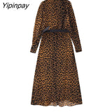 Yipinpay 2023 Women Elegant Leopar Mid-Calf Dresses With Belt Fashion Female V-neck Party Vestidos Long Sleeved Dresses Soft Outwear