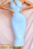 Yipinpay Quality Summer Bodycon Dress Women Party Dress 2023 Stretchy Mesh Blue One Shoulder Dress Elegant Sexy Club Night Dresses