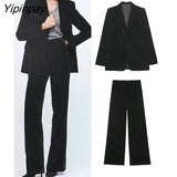 Yipinpay Women Velvet Blazer Suit Sets 2023 Spring Autumn 2Pcs Office Outfits Solid Jacket+Zipper Trousers Basic Long Pant Outwear