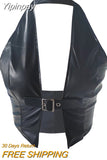Yipinpay Women Leather Halter Tank Crop Tops Summer Clothes 2023 Sexy Sleeveless Backless Split Buckle Crop Tops Club Streetwear