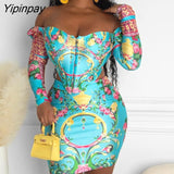Yipinpay Women Casual Cold  Shoulder Long Sleeves Asymmetrical Mini Sexy Bodycon All Over Print Skirt Sets