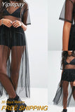 Yipinpay Summer Volie Mesh Dresses Women See Through Black Gauze Mesh Sundress Half Sleeve Lace Sexy Outwear 1-Piece Summer