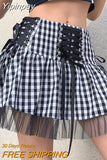 Yipinpay Punk Goth Aesthetic Pleated Skirts Womens Cross Lace Up Rave E Girl Clothes Dark Academia High Waist Mini Skirt