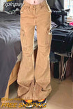 Yipinpay Khaki Vintage Baggy Cargo Jeans Streetwear Fashion High Waist Wide Leg Pants Street Straight Denim Trouser Women