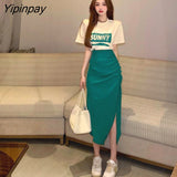 Yipinpay Summer New Two-piece Suit Loose Casual Print T-shirt And High Waist Slit Skirt 2 Piece Set Women