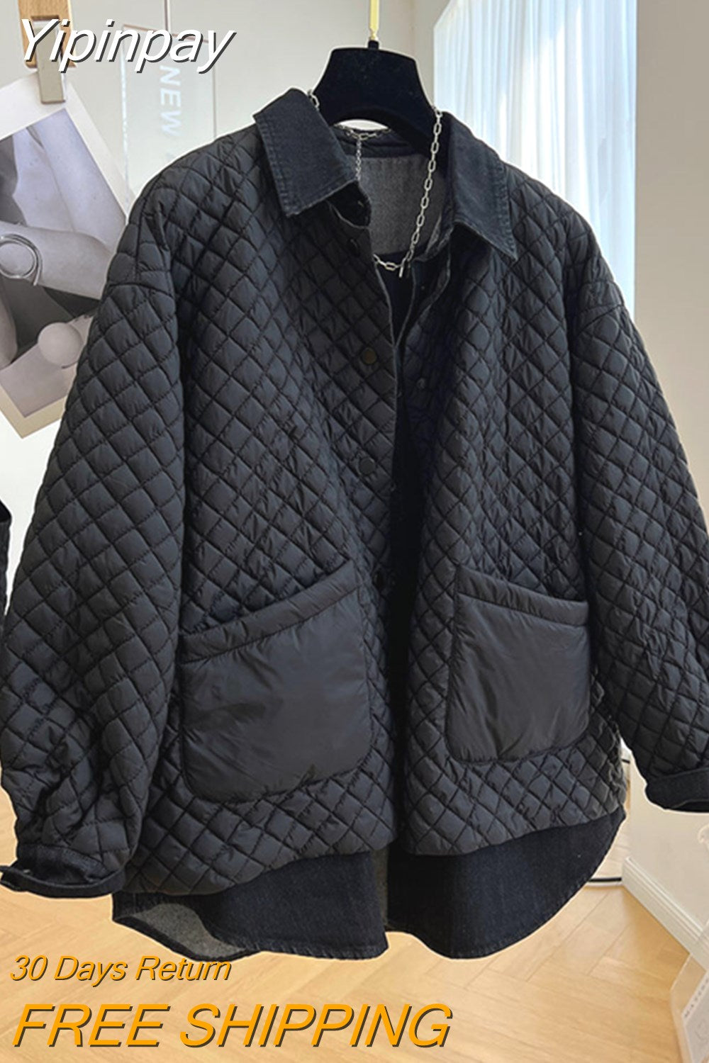Yipinpay Winter New Diamond Plaid Cotton Coat Denim Shirt Patchwork Fake Two Piece Black Parkas Puffer Jacket Ropa Mujer Top