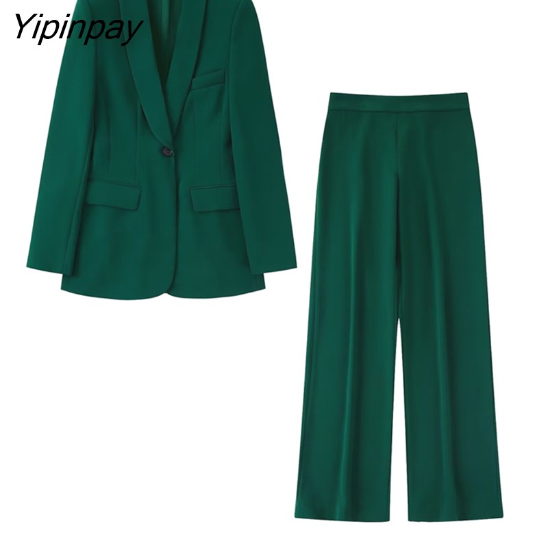 Yipinpay 2023 Autumn Winter Ladies Blazer Suit 2Pcs Office Outfits Solid Jacket+Wide Leg Trousers Basic Zipper Long Pant