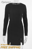 Yipinpay Mini Solid Black Dress Women Long Sleeve Backless Sexy Dress Spring 2023 Chic Slit Female Short Dress Button O-Neck