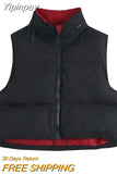 Yipinpay 2023 Winter Black Cropped Vest Coat Women Fashion Keep Warm Sleeveless High Collar Zip Up Wasitcoats Woman Casual Vest Top