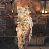 Yipinpay Print Spaghetti Strap High Slit Ruched Dress
